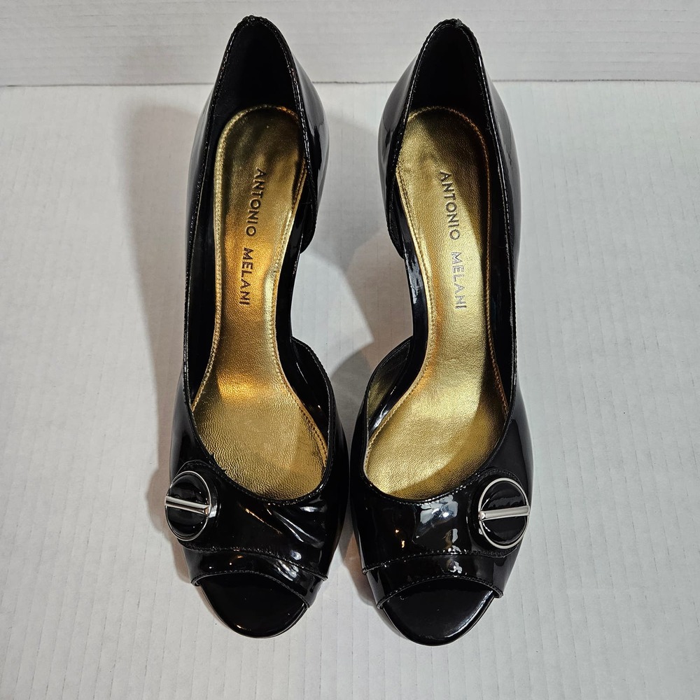 Antonio Melani Womens Dorsay Black Patent Leather Peep Toe‎ Heels Size 6.5